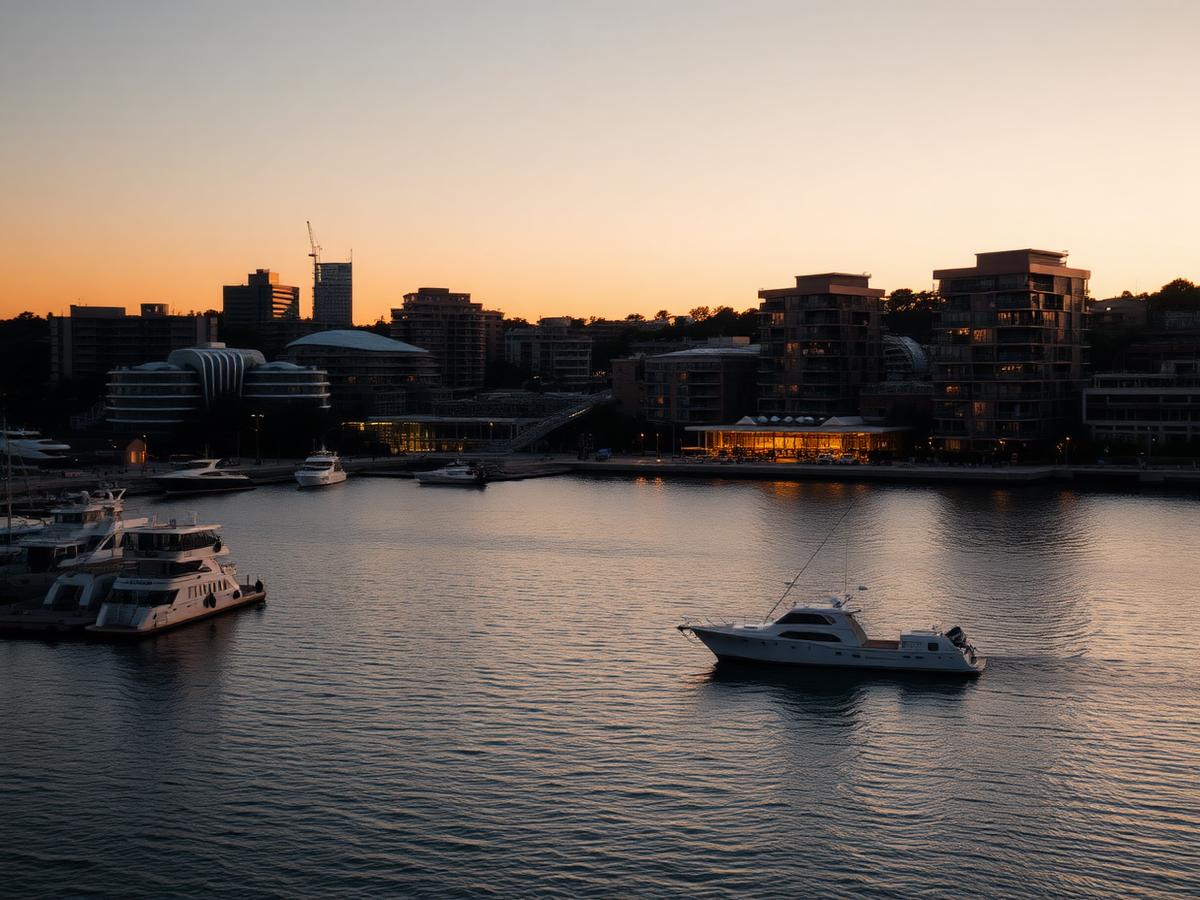 Australian harbour city at golden hour