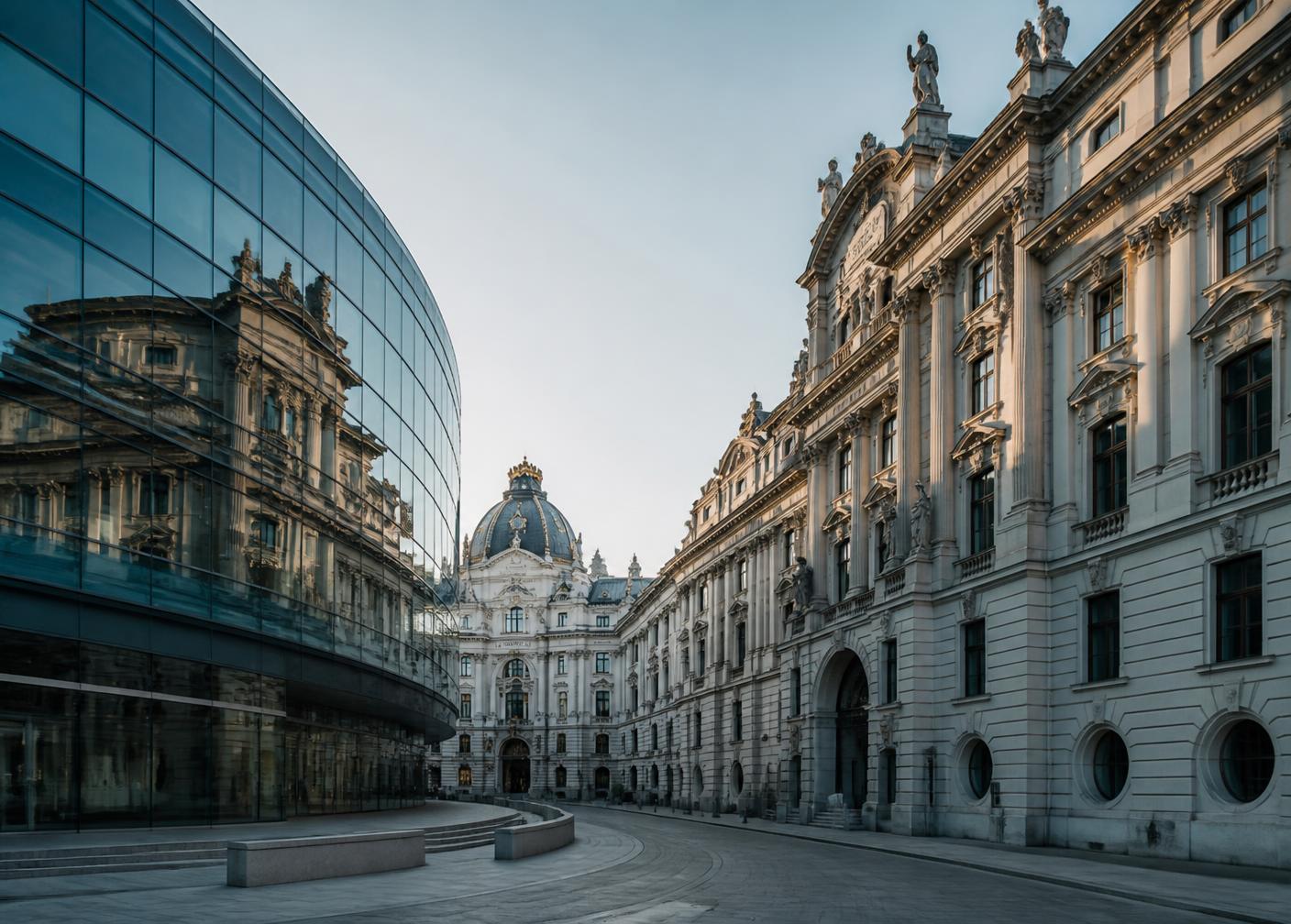 Historic Austrian city street with a modern university building at dawn
