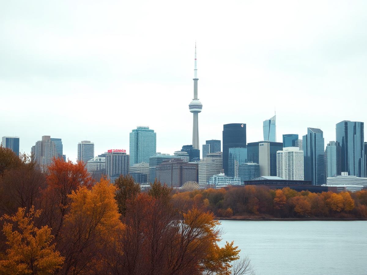 Canadian city skyline beyond autumn trees and calm water