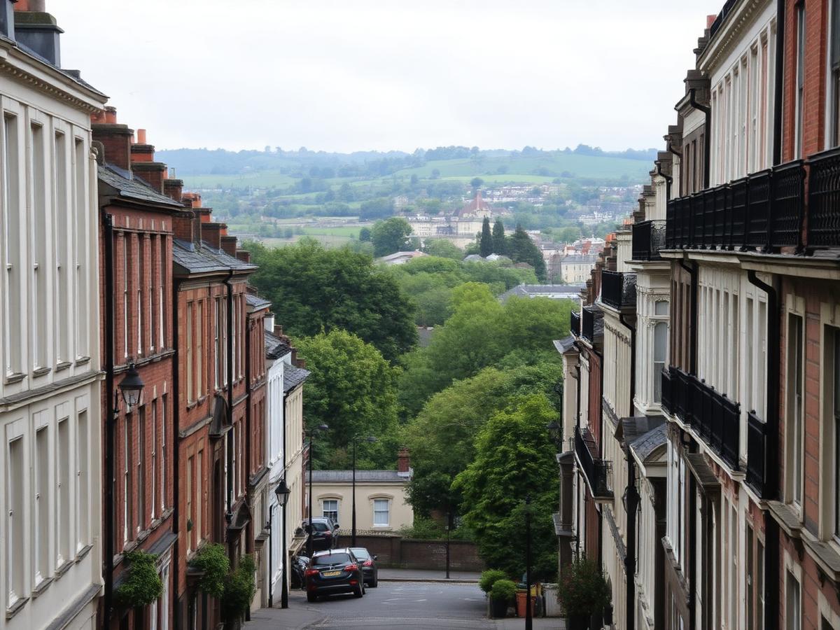 Georgian terraced street in Ireland with green hills beyond